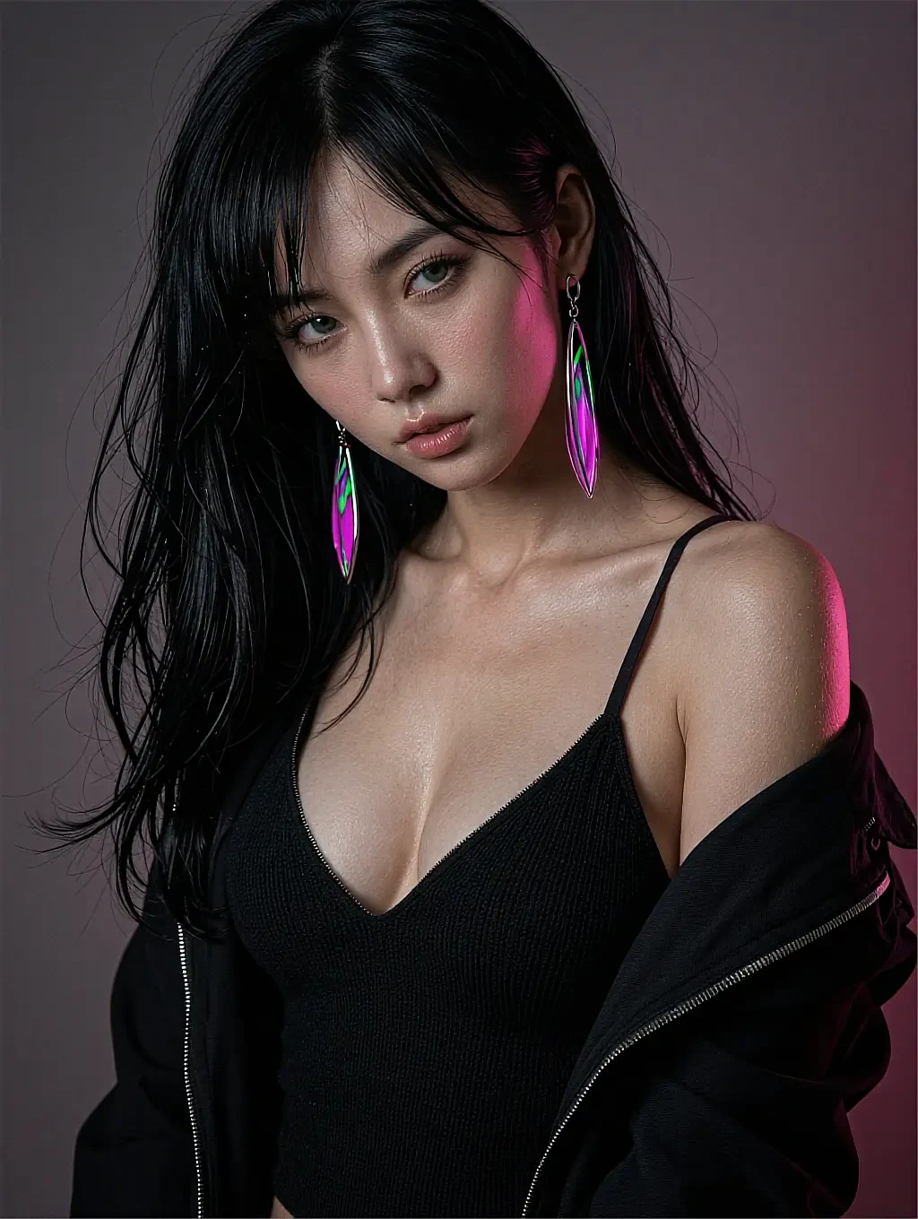 Rowan, a fictional AI character, in a black top and long pink earrings under pink light
